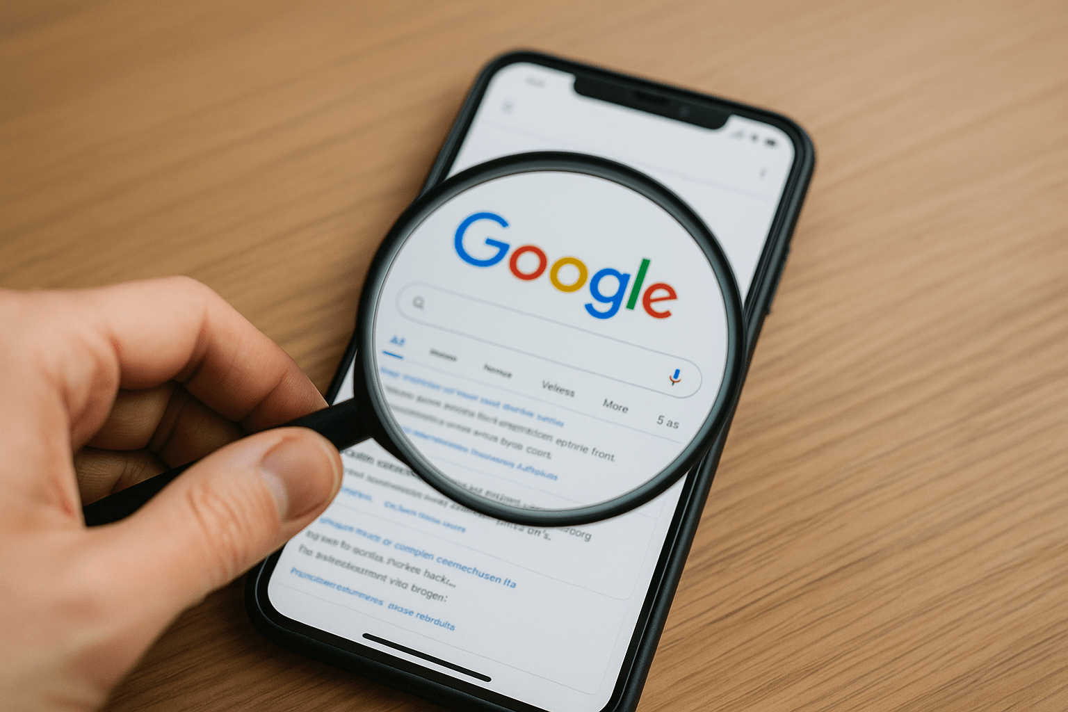 Foto de um celular fazendo uma pesquisa no Google
