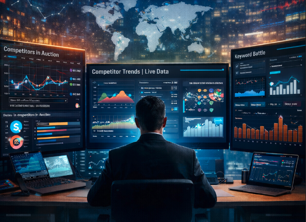 Cenário abstrato representando a inteligência competitiva e a tomada de decisão estratégica na mídia digital