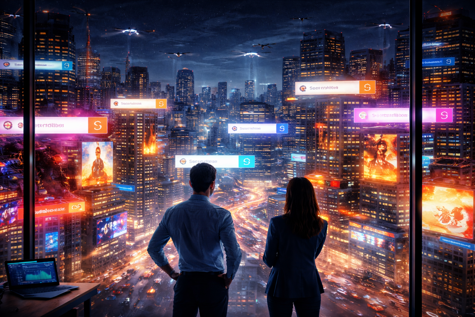 Cenário abstrato representando a inteligência competitiva e a tomada de decisão estratégica na mídia digital