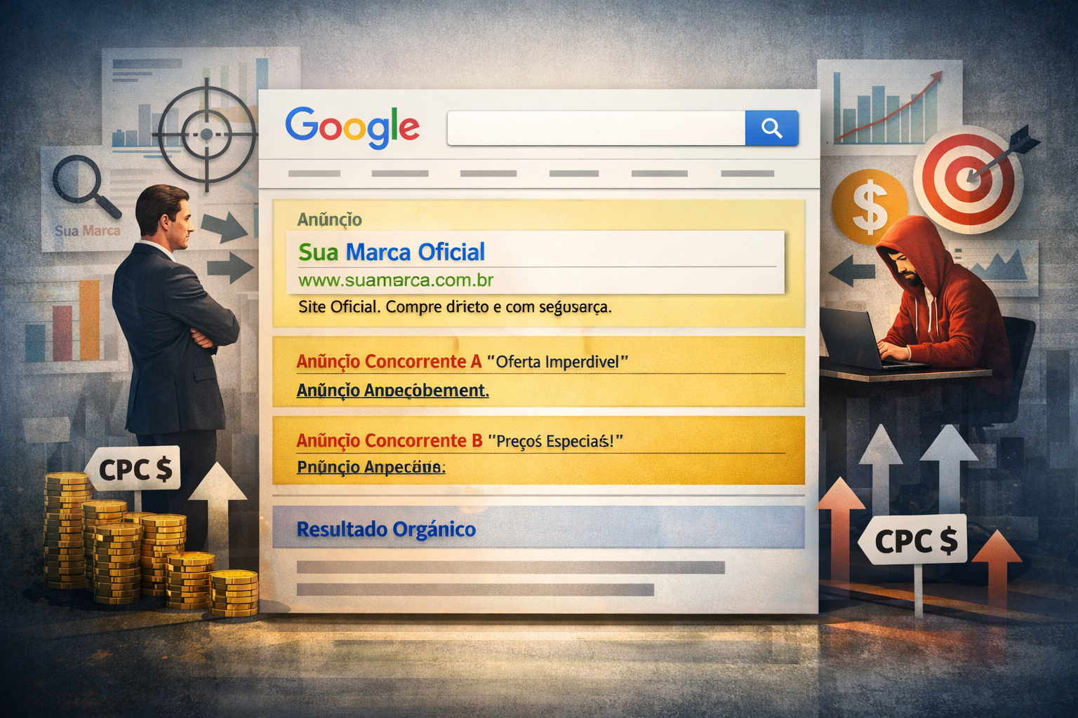 Ilustração conceitual sobre brand bidding no Google, representando a disputa invisível pela atenção do usuário no momento da busca por uma marca