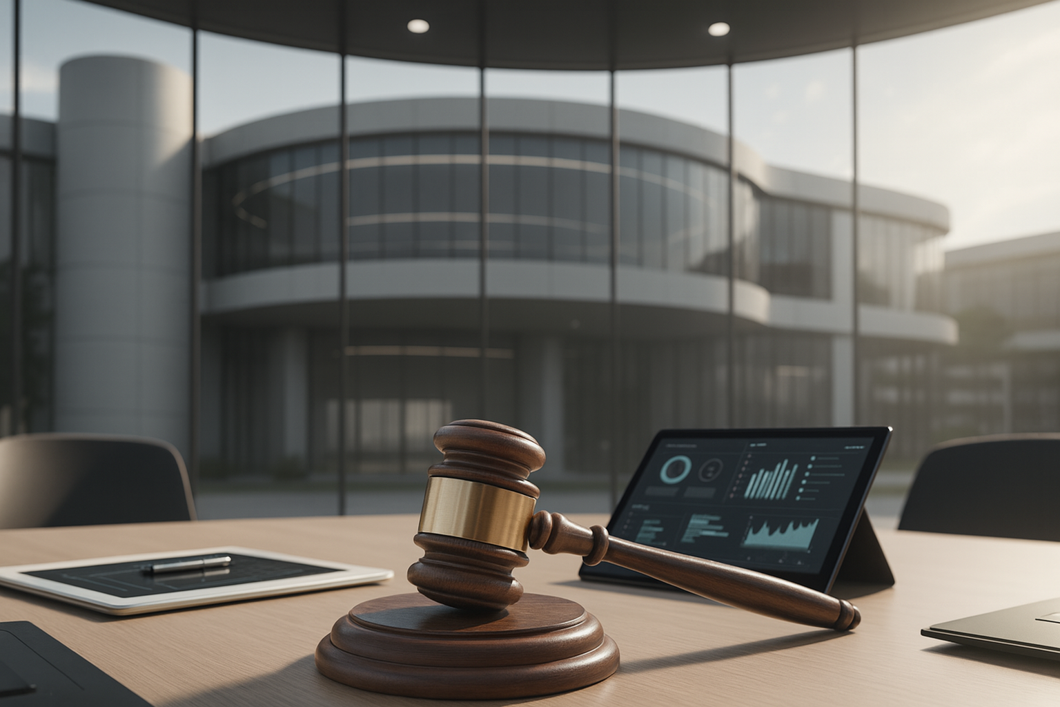 Mazo judicial sobre una mesa de reuniones, junto a una tablet y un portátil con gráficos de datos. Al fondo se ve un edificio corporativo acristalado. Este artículo analiza el caso judicial Clínicas Ortodoncis vs. Vitaldent, una sentencia clave del Tribunal Supremo sobre secuestro de marca o brand hijacking en Google Ads. Click Alert ayuda a detectar estos comportamientos, monitorizar el uso de tu marca en buscadores y proteger tu tráfico de marca mediante análisis independiente y evidencia verificable.