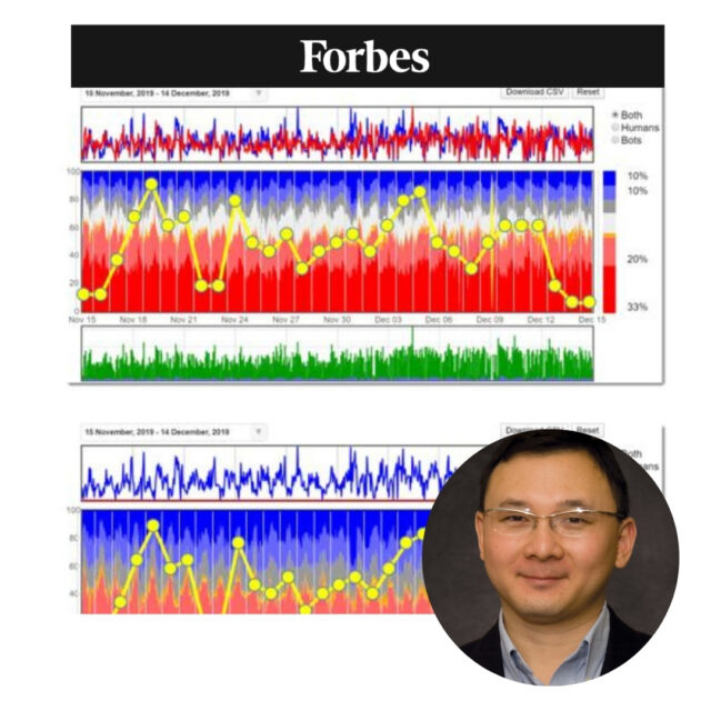 captura de gráficos de tráfico digital publicados en Forbes que comparan métricas de tráfico procedente de personas y de bots. La captura viene acompañada de la foto del autor, el investigador Augustine Fou